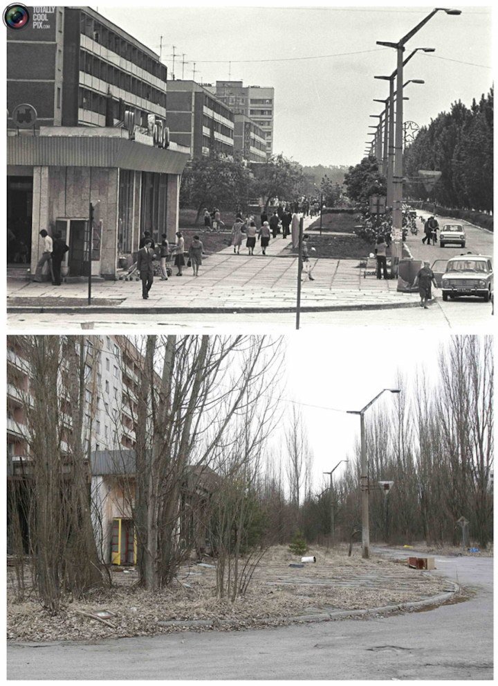 город Припять до Аварии, центральная улица наполненная людьми, эта же улица пустая после аварии много лет спустя