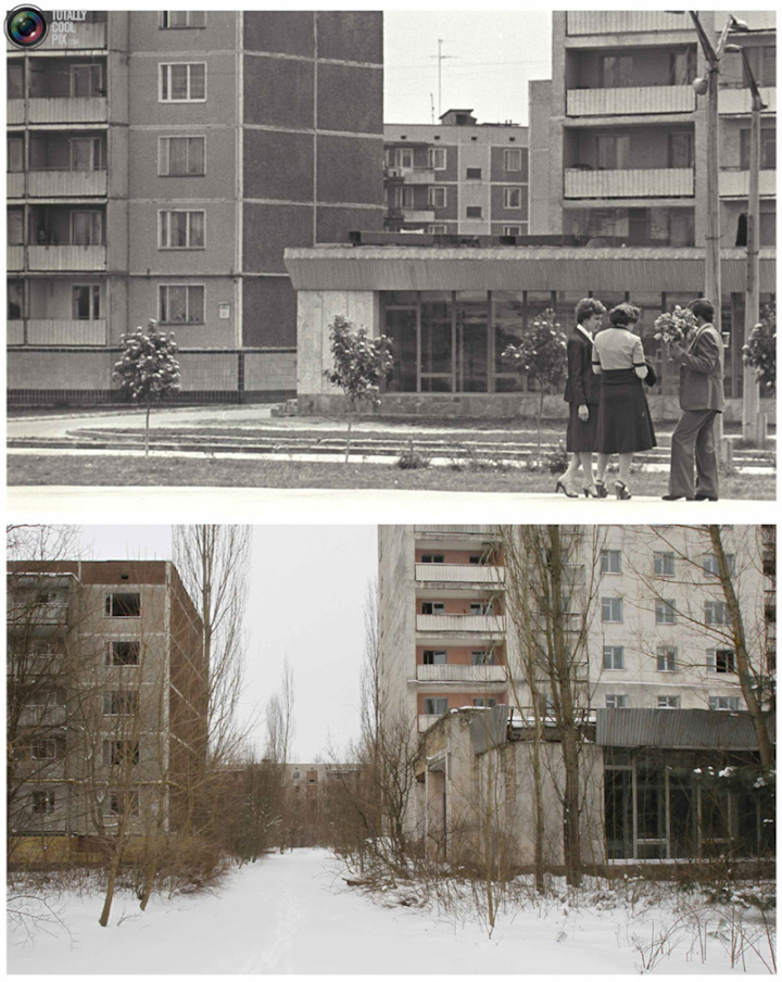 жители Припяти общаются на улице до аварии, и то же место спустя много лет после