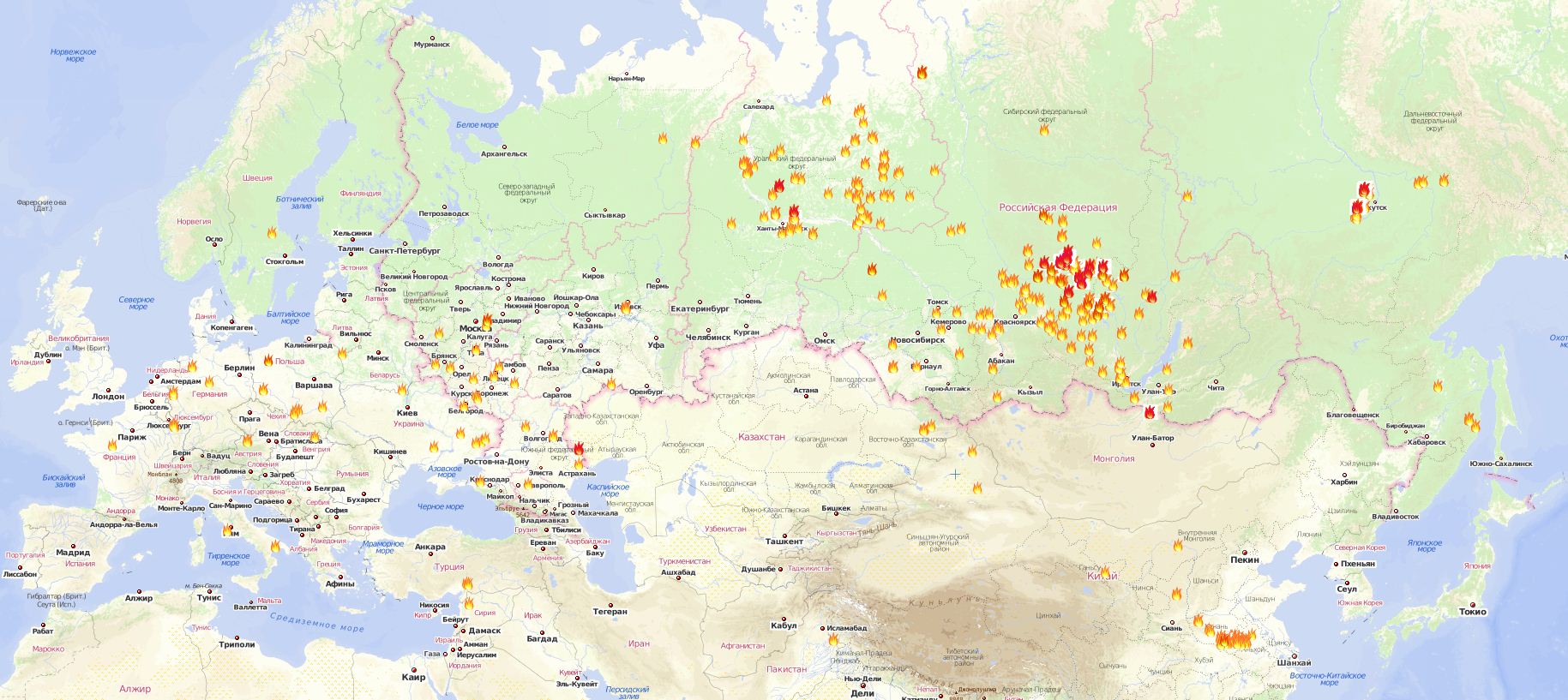 Карта лесных пожаров Россия, Украина, Европа на 03.06.2011