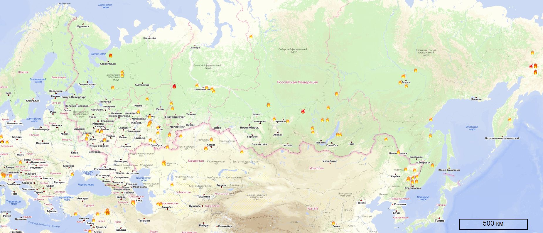 карта лесных пожаров в России, Европе, Азии на 01.07.2011