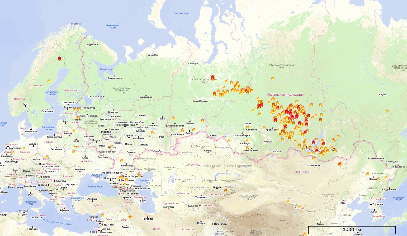 карта лесных пожаров в России на 13.06.2011
