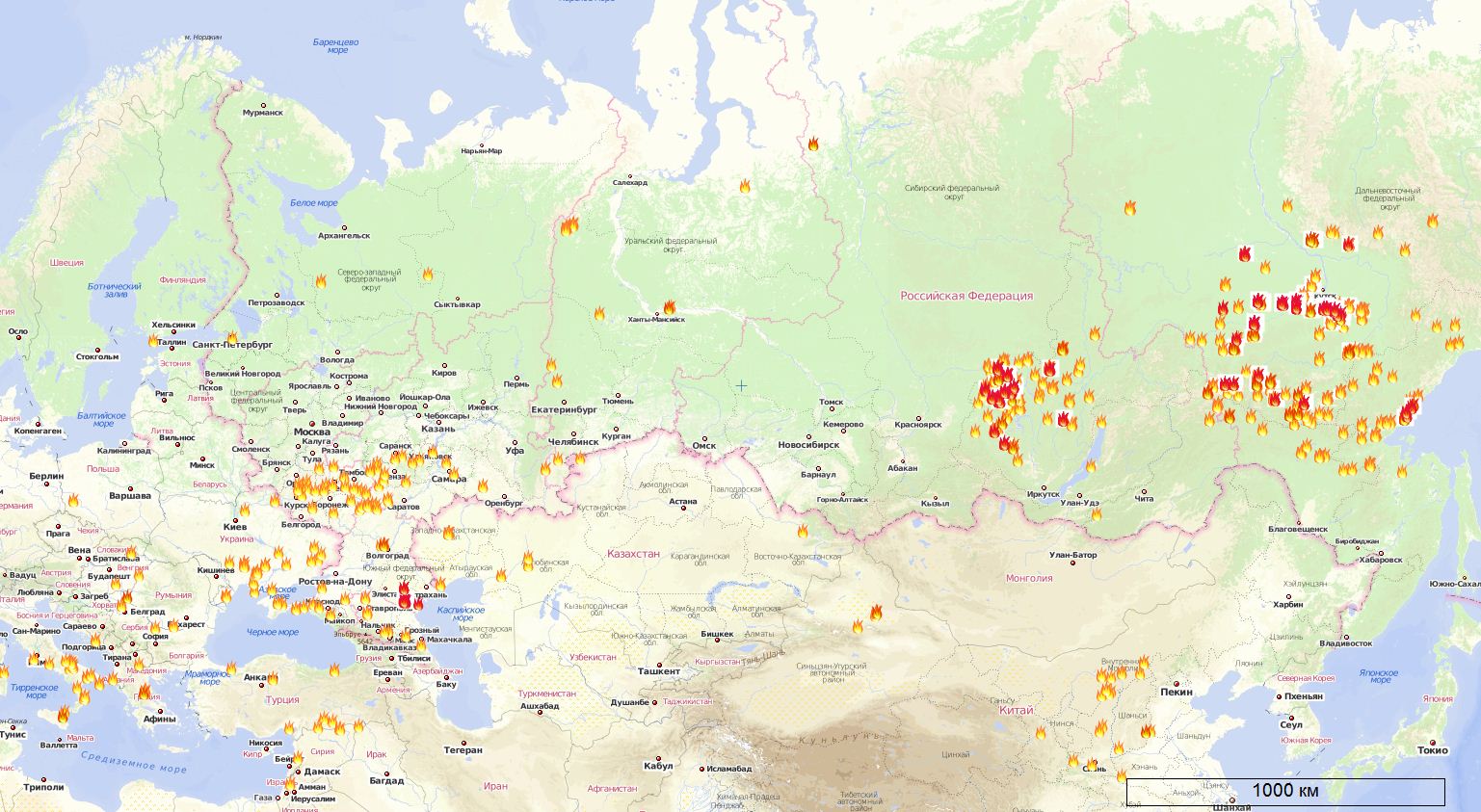 Карта лесных пожаров Россия, Украина, Европа, Азия на 14.07.2011