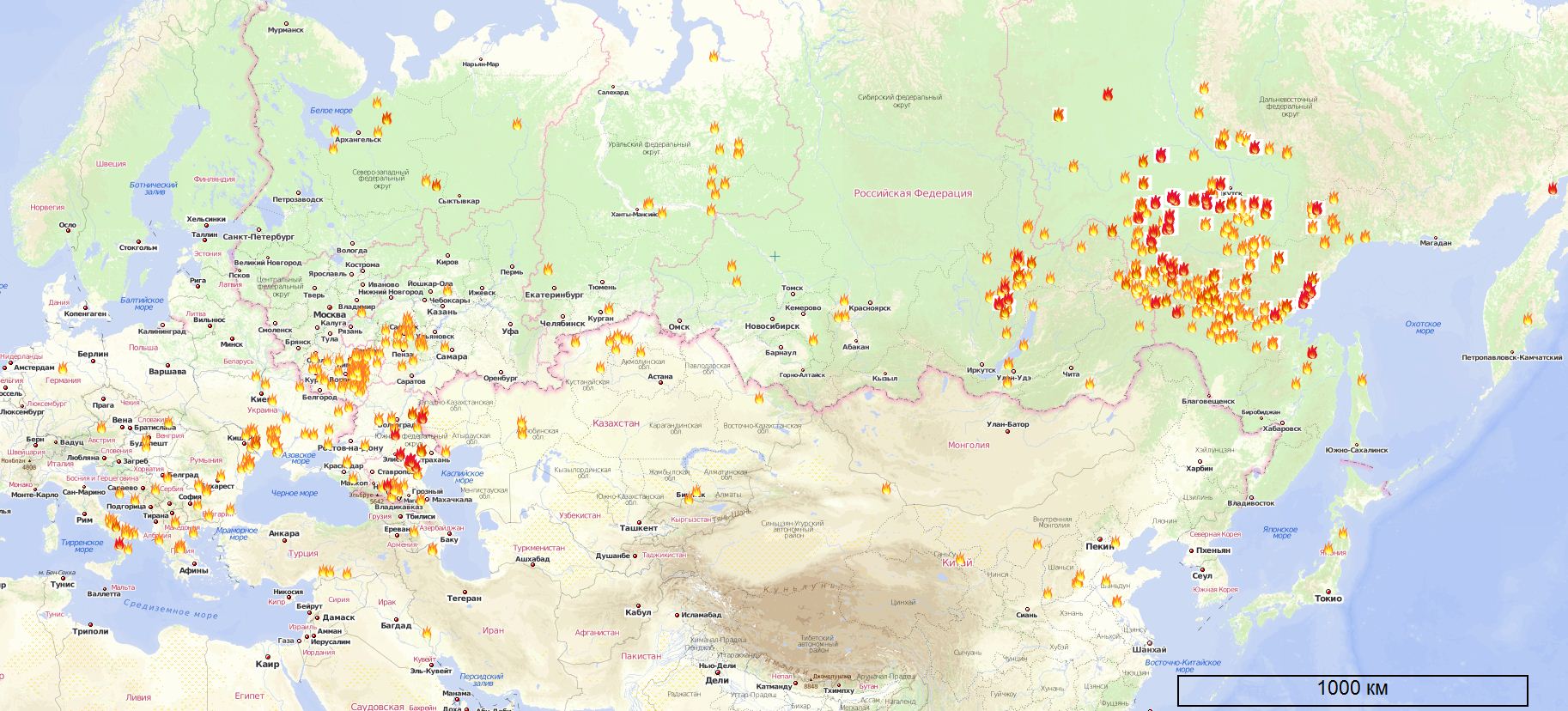 Карта лесных пожаров в России, Азии, Европе на 16.07.2011