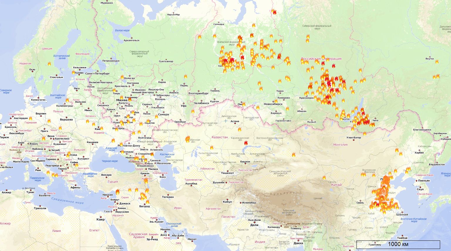 Карта лесных пожаров в Росии 2011, Азия, Европа