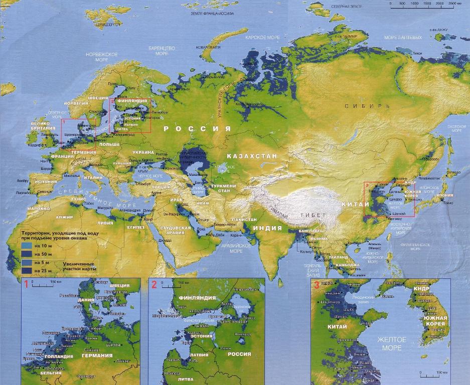 Карта затопления Земли: Европа, Азия, Северная Африка