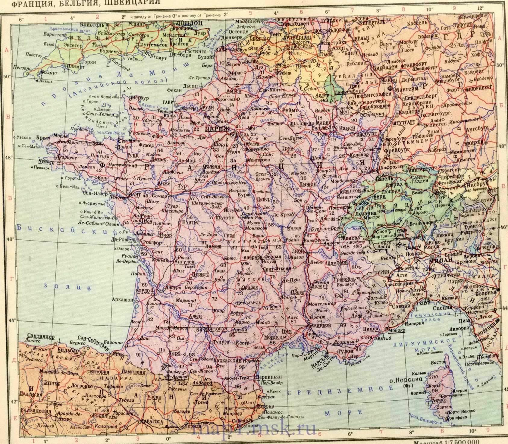 Подробная карта Франции на русском языке