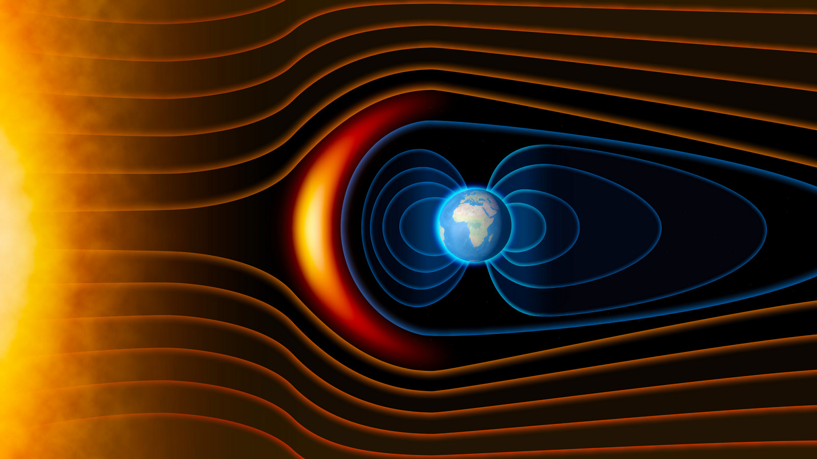 магнитная буря, визуализация процессов, которые происходят в космосе при воздействии Солнечной радиации на Землю