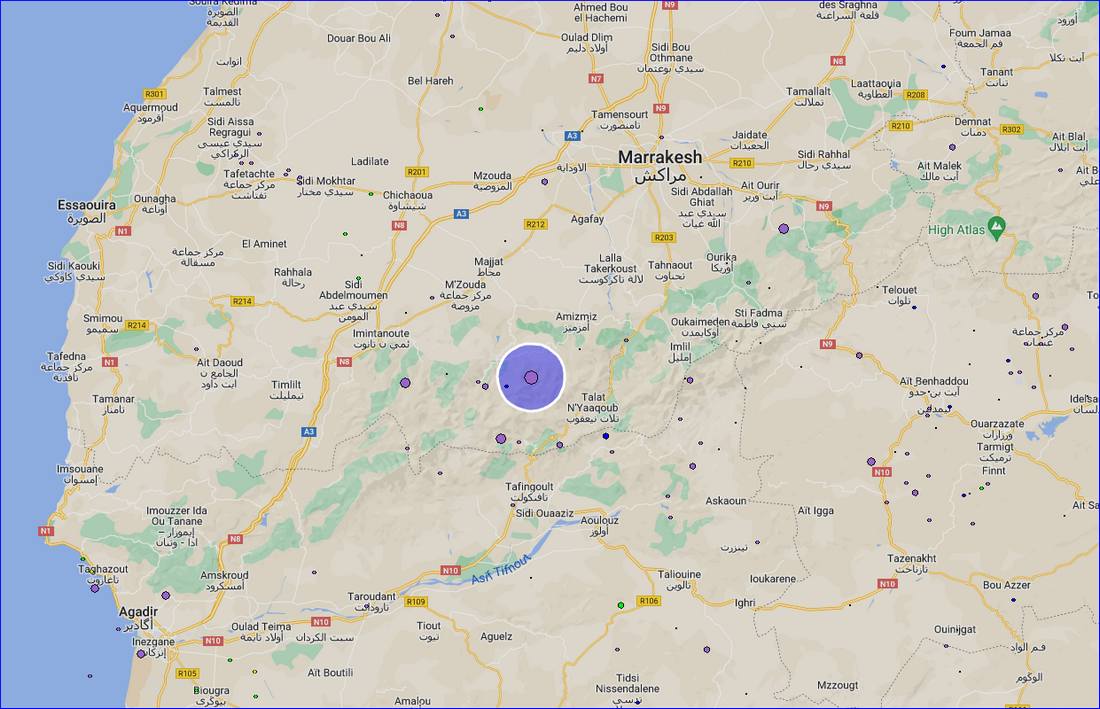 точное место очага землетрясения в Марокко 9 сентября 2023 года