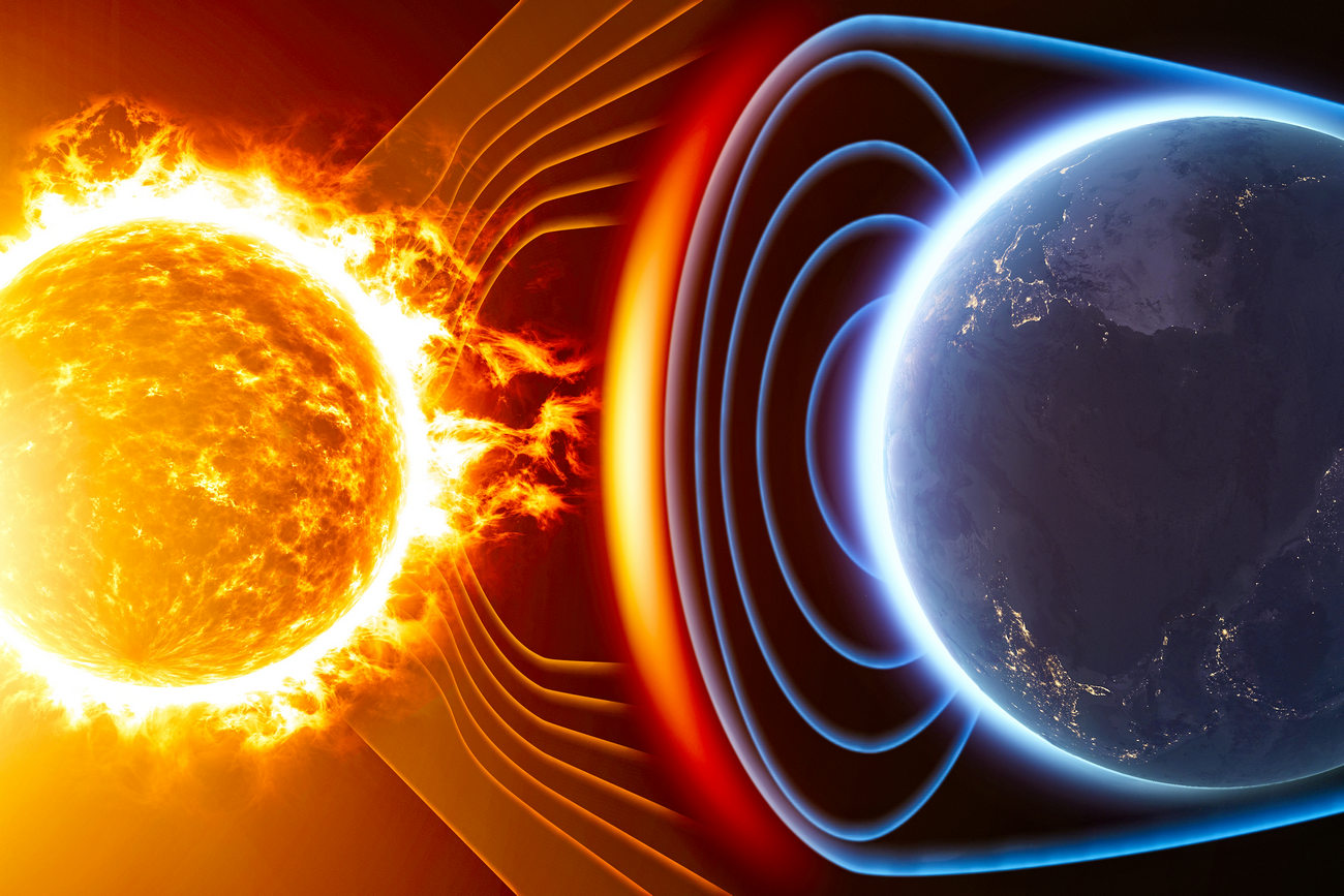 магнитные бури на Земле вследствие мощных выбросов радиоактивного солнечного ветра, визуальная модель геомагнитного шторма